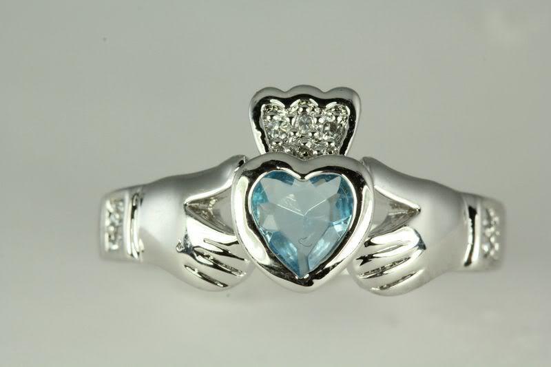Aquamarine Heart Sterling Silver Claddagh Celtic CZ Ring