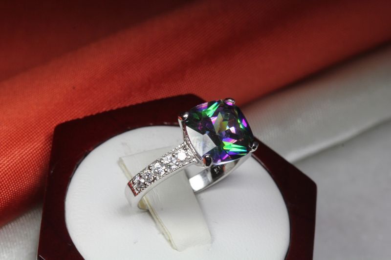 9.56 CARAT PRINCESS CUT CZ MYSTIC TOPAZ WITH CZ ACCENTS FASHION RING~MTR10-MAX-F