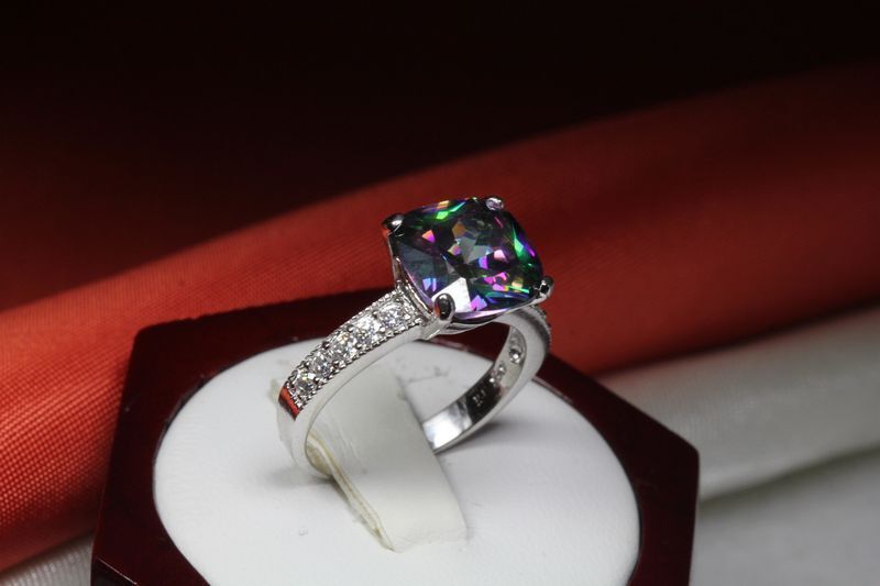 9.56 CARAT PRINCESS CUT CZ MYSTIC TOPAZ WITH CZ ACCENTS FASHION RING~MTR10-MAX-F