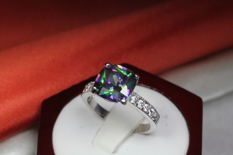9.56 CARAT PRINCESS CUT CZ MYSTIC TOPAZ WITH CZ ACCENTS FASHION RING~MTR10-MAX-F