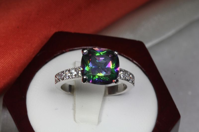9.56 CARAT PRINCESS CUT CZ MYSTIC TOPAZ WITH CZ ACCENTS FASHION RING~MTR10-MAX-F