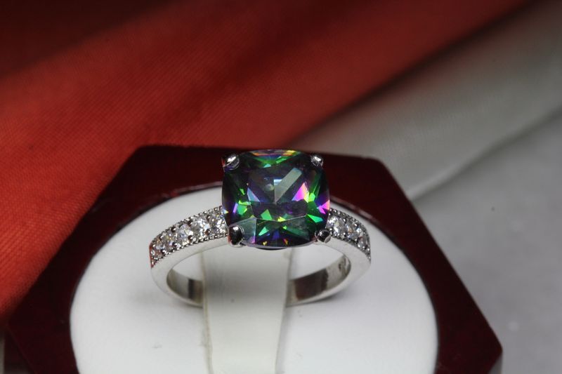 9.56 CARAT PRINCESS CUT CZ MYSTIC TOPAZ WITH CZ ACCENTS FASHION RING~MTR10-MAX-F
