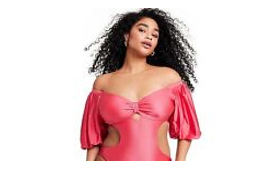Women's Metallic Puff Sleeve Cut Out Medium Coverage One Piece Swimsuit- Pink, S