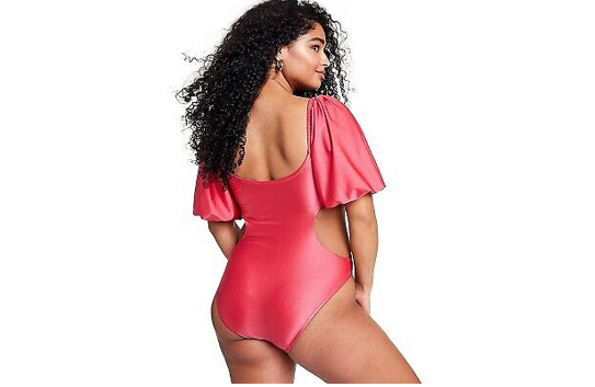Women's Metallic Puff Sleeve Cut Out Medium Coverage One Piece Swimsuit- Pink, S