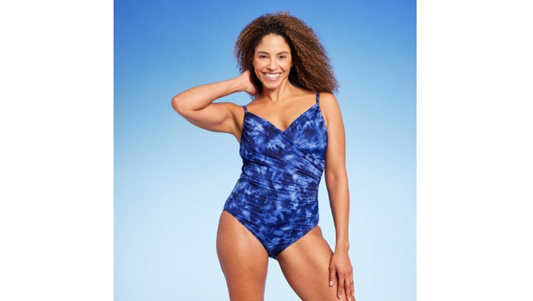Women's UPF 50 Twist-Front Over the Shoulder 1 Piece Swimsuit-Aqua Green, Blue M