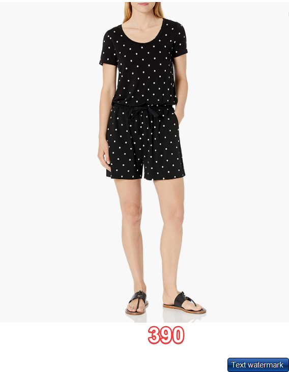 Amazon Essentials Women's Short-Sleeve Scoop Neck Romper Black, Dots Large