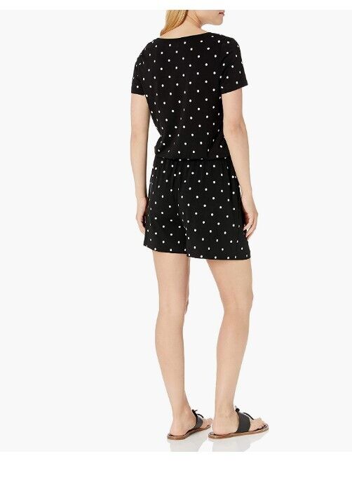 Amazon Essentials Women's Short-Sleeve Scoop Neck Romper Black, Dots Large