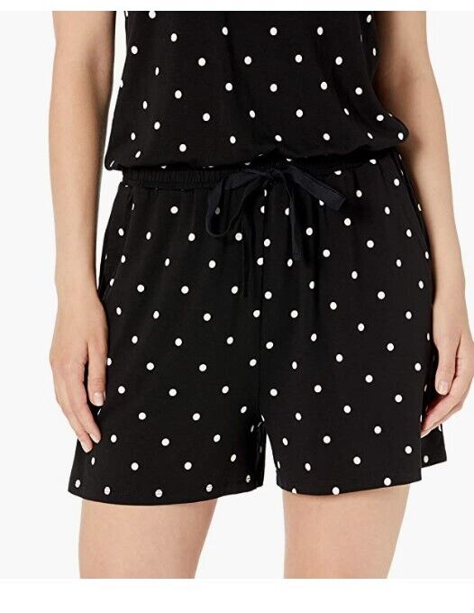 Amazon Essentials Women's Short-Sleeve Scoop Neck Romper Black, Dots Large