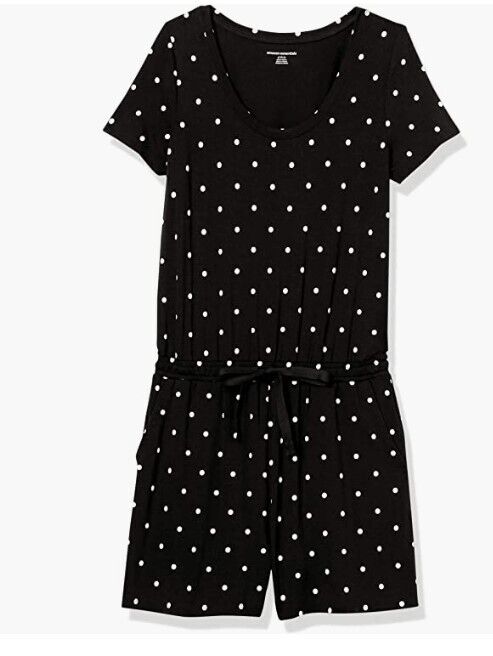 Amazon Essentials Women's Short-Sleeve Scoop Neck Romper Black, Dots Large