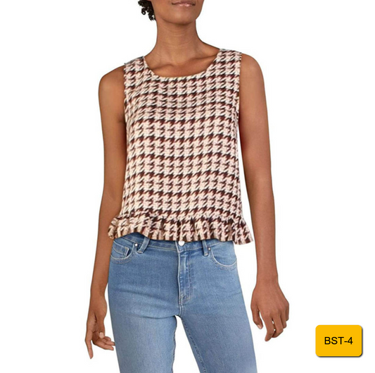 BCBGeneration Houndstooth Print Ruffle Hem Tank Top, Women's Size L, Multi-Color