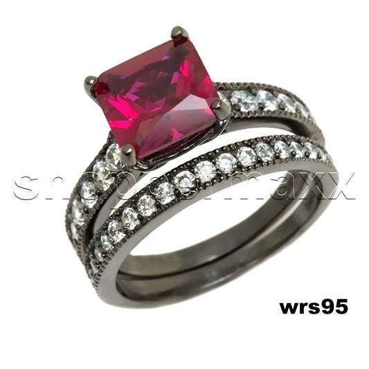3Ct Hot Pink CZ Black Rhodium 925 Silver Engagement Wedding Ring Set
