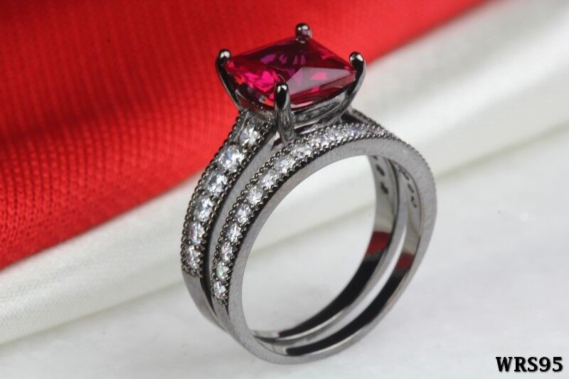 3Ct Hot Pink CZ Black Rhodium 925 Silver Engagement Wedding Ring Set