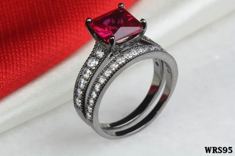 3Ct Hot Pink CZ Black Rhodium 925 Silver Engagement Wedding Ring Set
