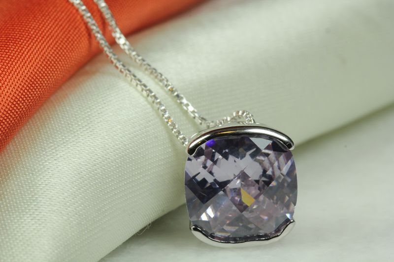 BRILLIANT CUT LAVENDER TANZINITE CZ PENDANT W CHAIN 925 STERLING SILVER~MXTH