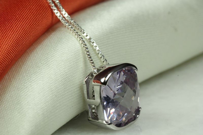 BRILLIANT CUT LAVENDER TANZINITE CZ PENDANT W CHAIN 925 STERLING SILVER~MXTH