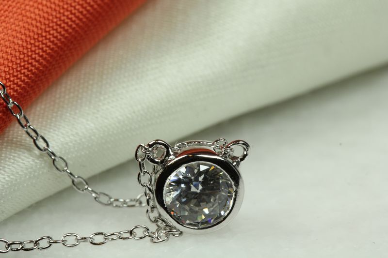 CLEAR CZ ROUND CUT BEZEL SOLITARE PENDANT W/ CHAIN  925 STERLING SILVER~~MXSUN