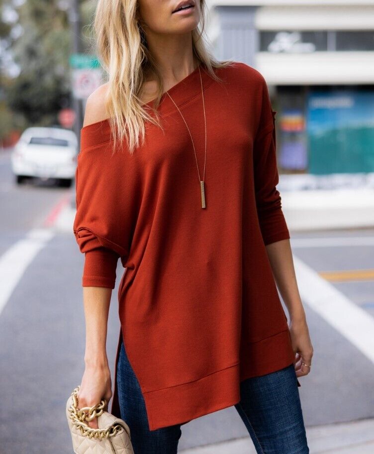 Amaryllis Women Rust Long-Sleeve Boatneck Tunic Women Size L