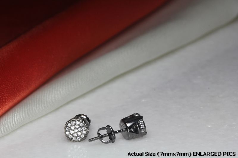 BLACK RHODIUM PLATED STERLING SILVER 925 31 WHITE CZS EACH 7MM RND STUD EARRINGS