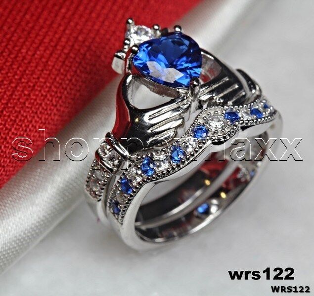 Blue CZ & White Heart Shape Claddagh 925 Silver Engagement Bridal Ring Set