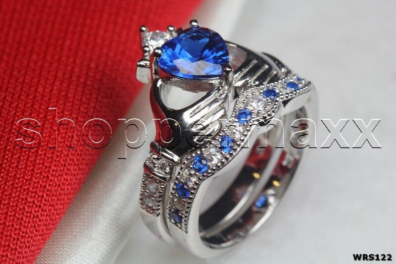 Blue CZ & White Heart Shape Claddagh 925 Silver Engagement Bridal Ring Set