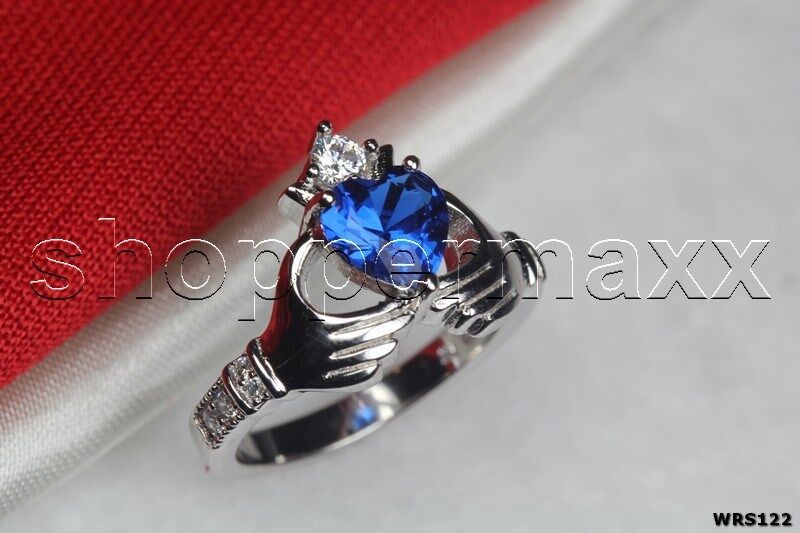 Blue CZ & White Heart Shape Claddagh 925 Silver Engagement Bridal Ring Set