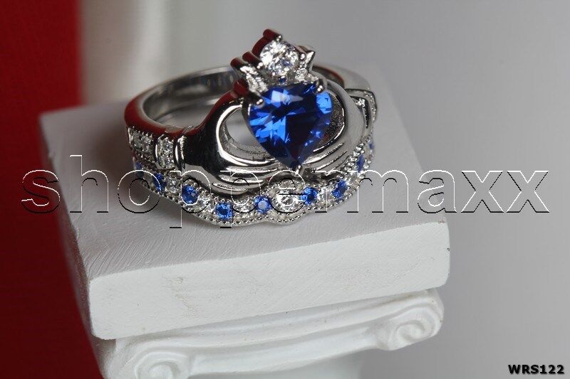 Blue CZ & White Heart Shape Claddagh 925 Silver Engagement Bridal Ring Set