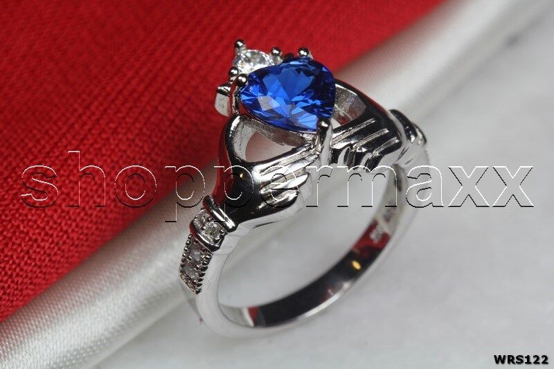 Blue CZ & White Heart Shape Claddagh 925 Silver Engagement Bridal Ring Set