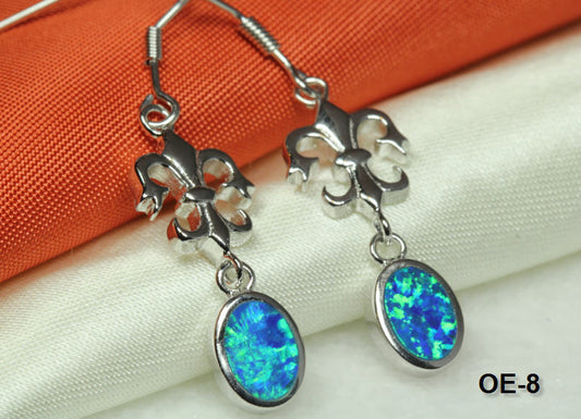 CLASSIC FLEUR-DE-LIS WITH OPAL DANGLE EARRINGS~STERLING SILVER 925~OE-8~MAXXM