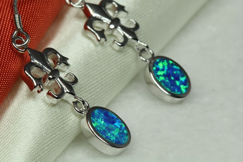 CLASSIC FLEUR-DE-LIS WITH OPAL DANGLE EARRINGS~STERLING SILVER 925~OE-8~MAXXM