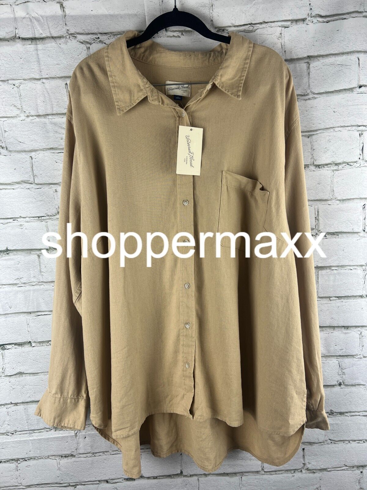 Women's Linen Long Sleeve Collared Button-Down Shirt - Universal Thread, Tan, 2