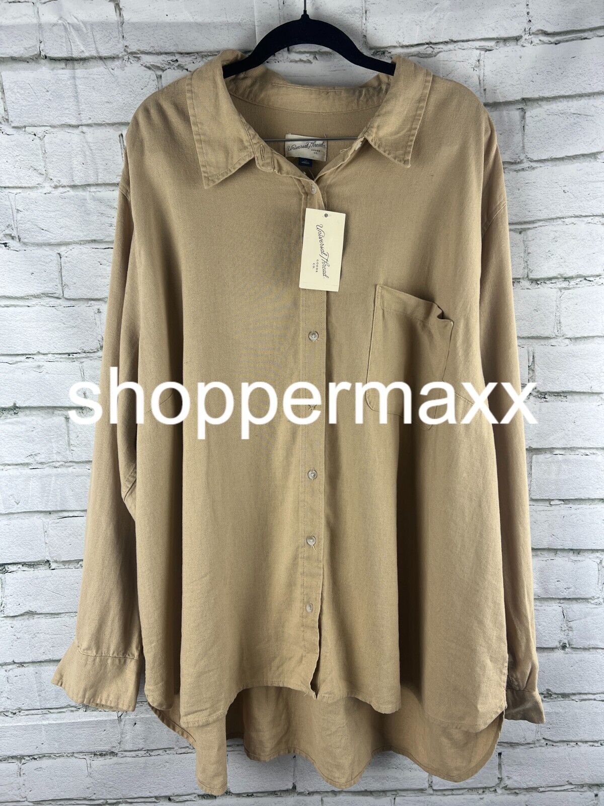 Women's Linen Long Sleeve Collared Button-Down Shirt - Universal Thread, Tan, 2