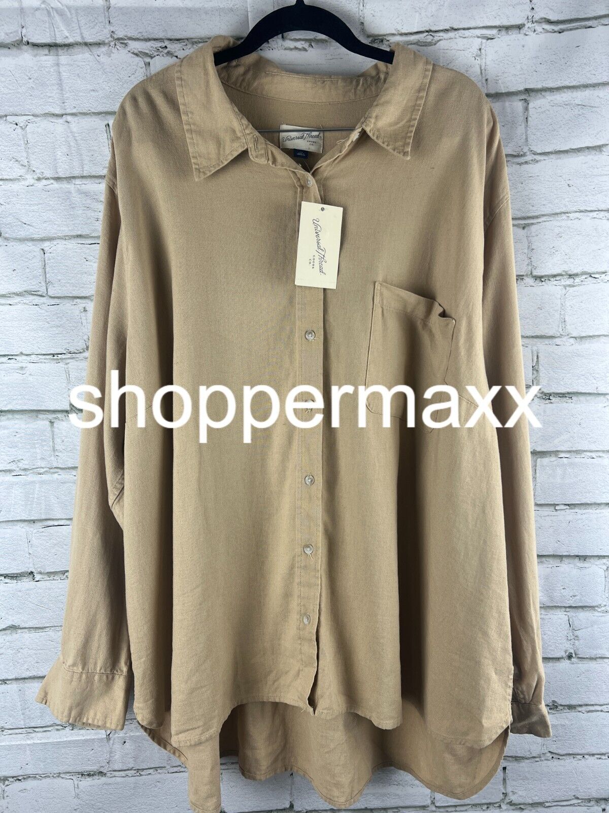 Women's Linen Long Sleeve Collared Button-Down Shirt - Universal Thread, Tan, 2
