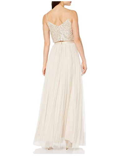 Adrianna Papell Women's 2 Pc Sequin Bridesmaid Top with Mesh Skirt Dress Nude, 4