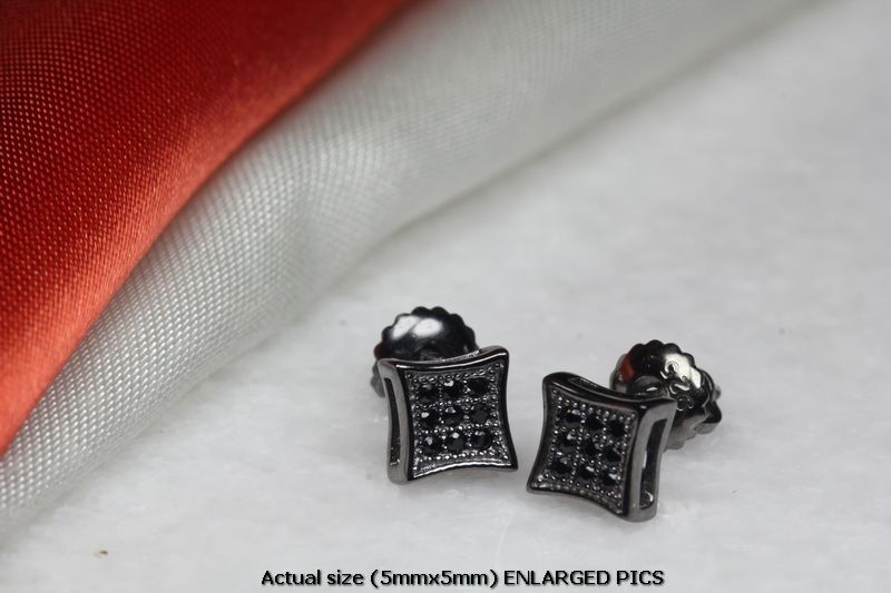 5MM SQUARE BLACK ON BLACK RHODIUM PLATED STERLING SILVER PAVE CZ STUD EARRINGS