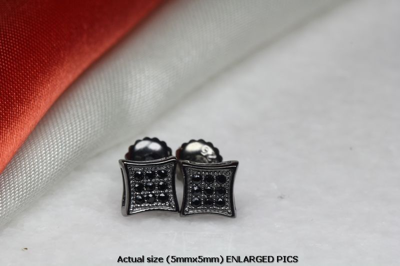 5MM SQUARE BLACK ON BLACK RHODIUM PLATED STERLING SILVER PAVE CZ STUD EARRINGS