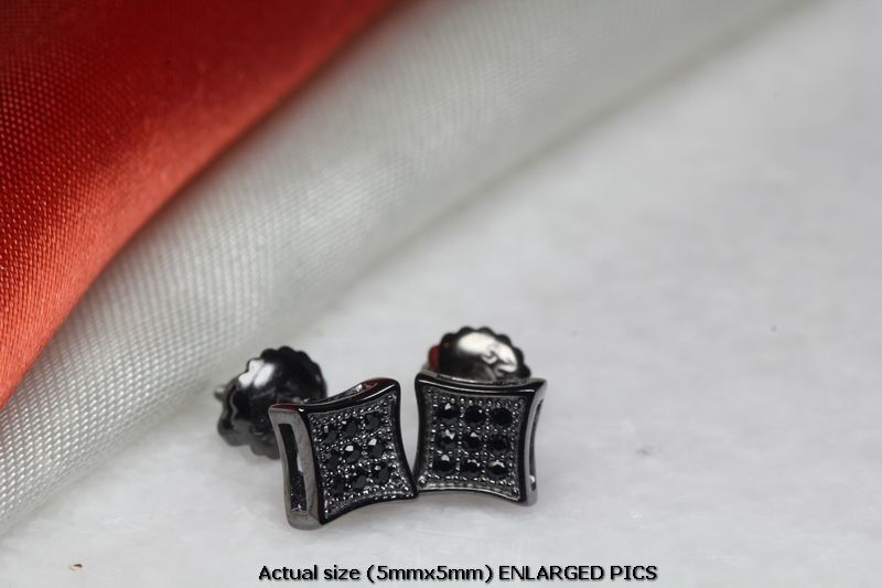 5MM SQUARE BLACK ON BLACK RHODIUM PLATED STERLING SILVER PAVE CZ STUD EARRINGS