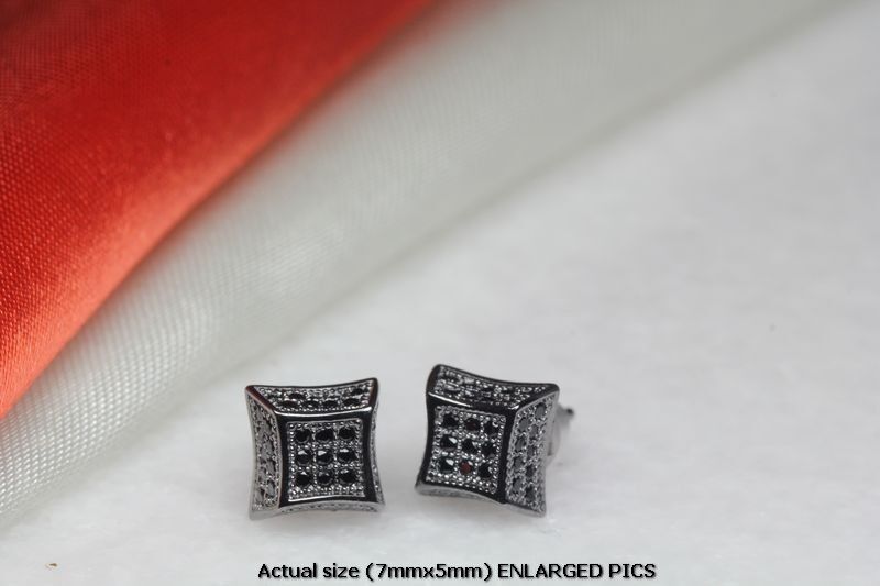 45 BLACK CZ STONES ON BLACK RHODIUM PLATED STERLING SILVER 3D PAVE STUD EARRINGS
