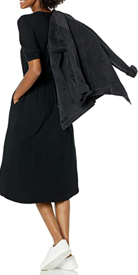 Amazon Essentials Women's Half-Sleeve Waisted Midi A-Line Dress Black L