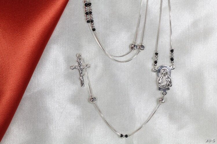 BEAUTIFUL STERLING SILVER 925 BEADED BOX CHAIN SILVER &BLACK 17.5 IN LONG ROSARY