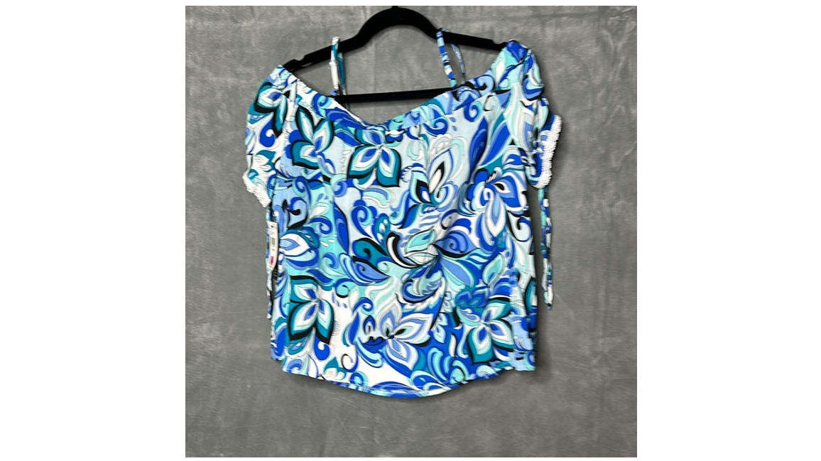 BCX Juniors Off-the-Shoulder Drawstring Top, Straps, Blue Print, Size Small,