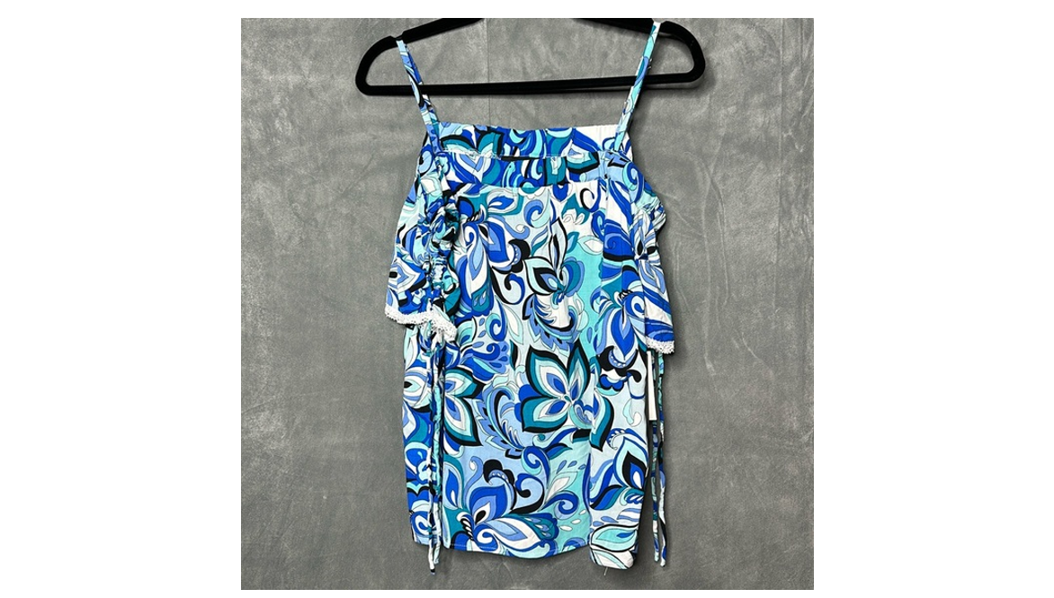 BCX Juniors Off-the-Shoulder Drawstring Top, Straps, Blue Print, Size Small,
