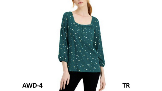 Style & Co Metallic-Print Women Peasant Comfortable Blouse, Green, Size Small