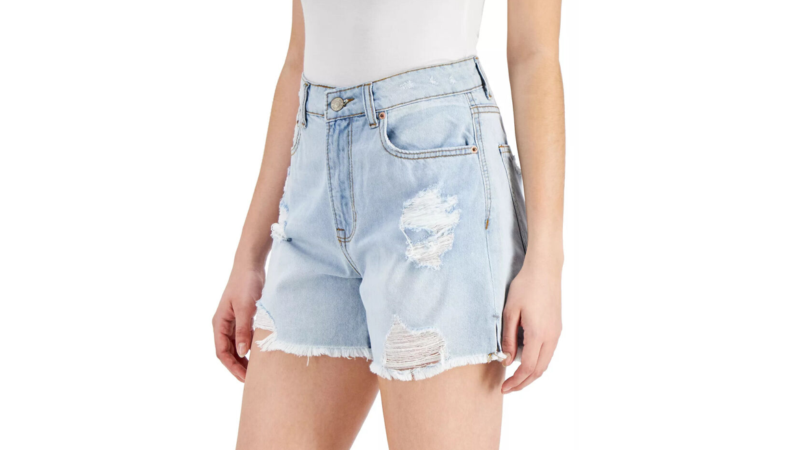 Vanila Star Women's Juniors' Elon Ripped Denim Boyfriend Shorts, Blue, Size 11