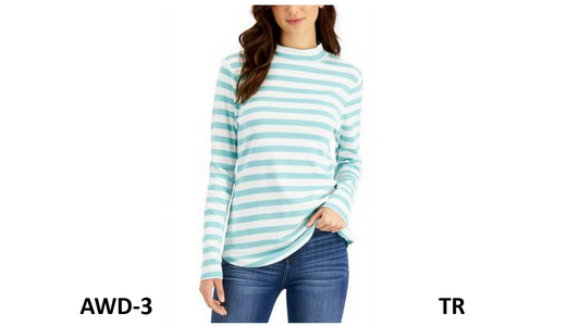 Charter Club Cotton Blithe Striped Mock-Neck Top, Green Combo, Size Large