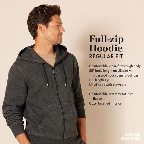 Essentials Men's Full-Zip Hooded Fleece Sweatshirt White,  Size-Large