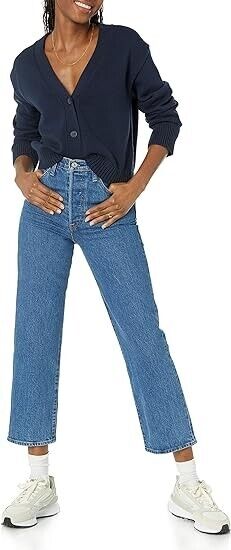 Amazon Essentials Women's Relaxed Fit V-Neck Cropped Cardigan, Navy, Size Large