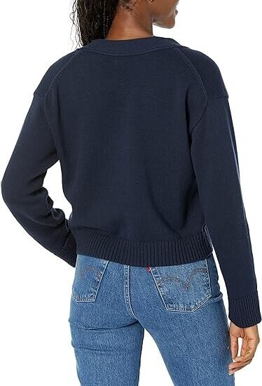 Amazon Essentials Women's Relaxed Fit V-Neck Cropped Cardigan, Navy, Size Large