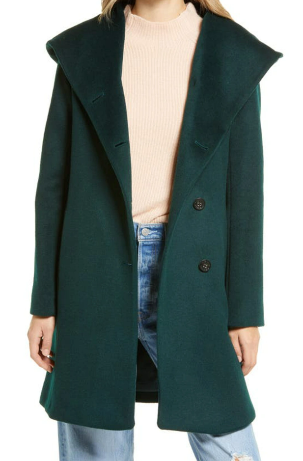 COLE HAAN Petroleum Wool-Blend Hooded Button-Up Coat for Women SZ 14 $350