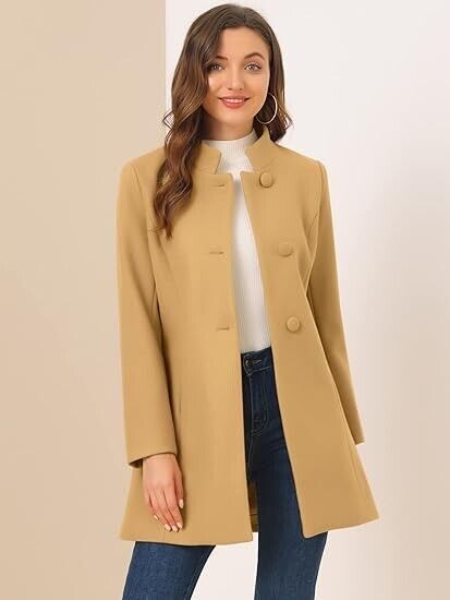 Allegra K Women's Winter Overcoat, Mid-thigh, Stand Collar, Single Breasted, xl