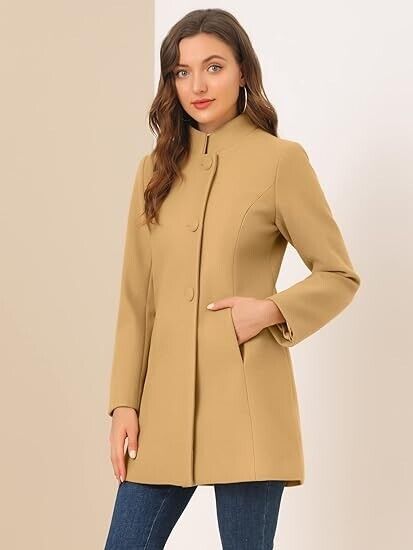 Allegra K Women's Winter Overcoat, Mid-thigh, Stand Collar, Single Breasted, xl